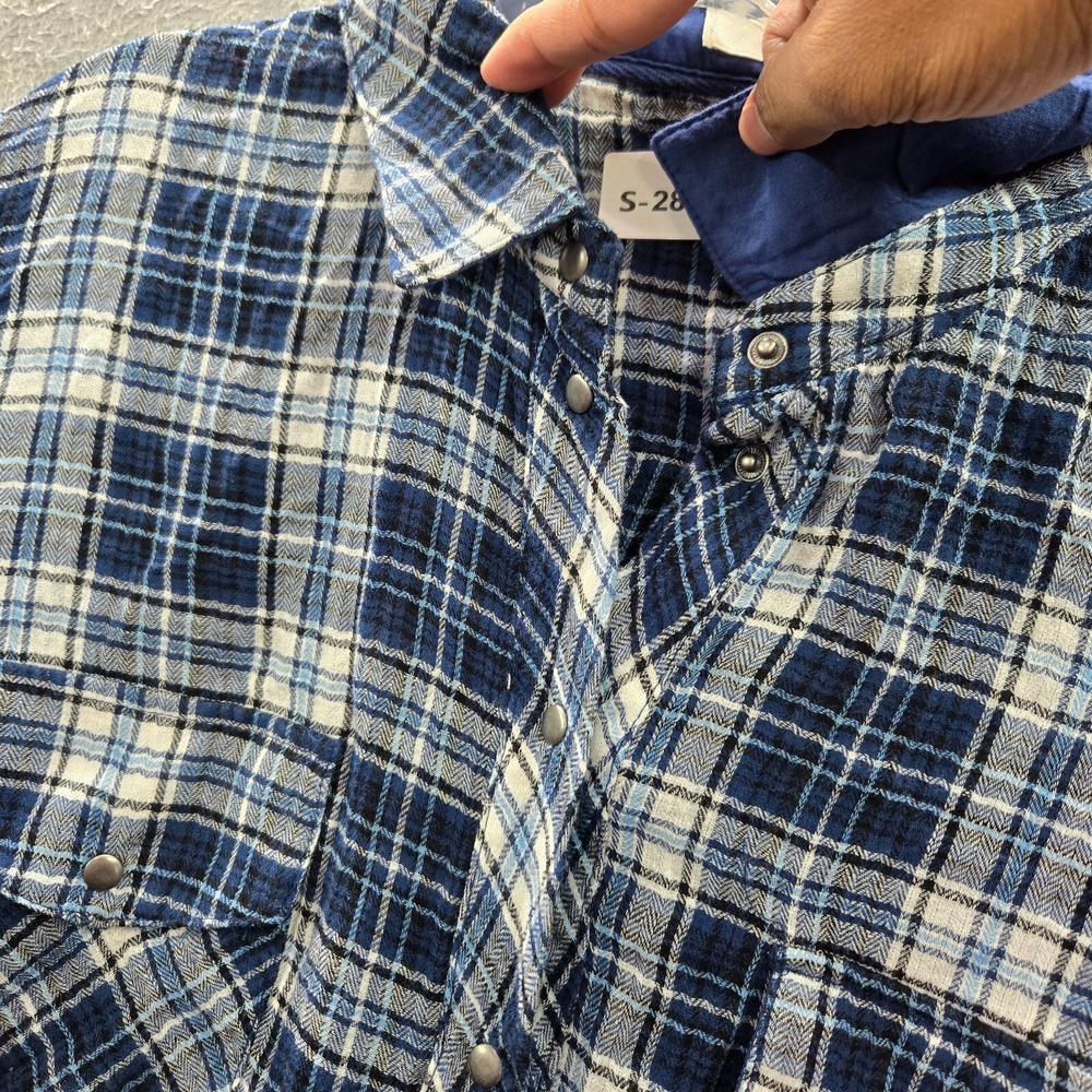 KUT Women Top Large Blue Tartan Plaid Snap Button Up Pockets Long Sleeve READ - Picture 4 of 11